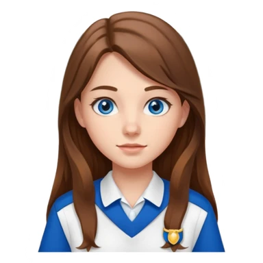 high school class room with a pretty female high school student with long brown hair, blue eyes sticker
