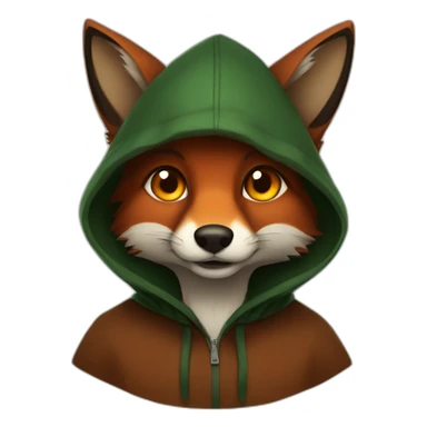 a small dark brown fox with orange eyes with a dark green hood that smile sticker