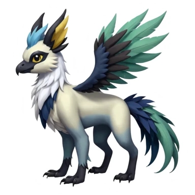 Dark-deep-colored gryphon-Trico-Nargacuga-Absol-Leafeon-Sprigatito-Silvally-fusion-hybrid with a long tufted tail, black beak, black claws, black tail, majestic, realistic, furry (full body) sticker