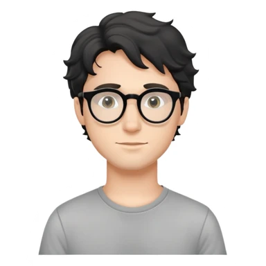 Young caucasian man with black wavy hair, round glasses, simple grey t-shirt sticker
