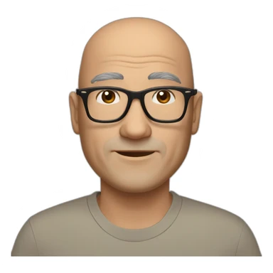 A fifty-year-old European man with a slight Asian appearance, a bald head, Ray-Ban glasses, and brown eyes with a friendly gaze. sticker