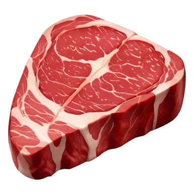 A raw steak with a deep red, fresh color and visible marbling of white fat. The surface is moist and smooth, slightly glossy, with natural muscle texture. The shape is thick and rounded, resembling a fresh cut of beef ready to be cooked sticker