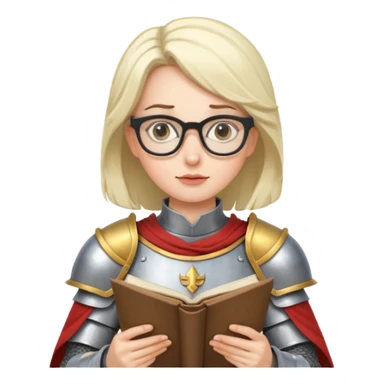 Female knight reading scroll, wearing glasses — curious expression. sticker