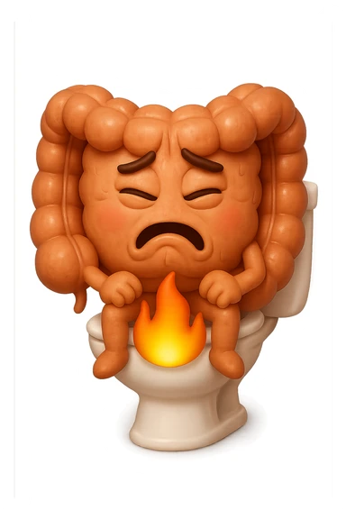 SU QUESTO STILE FAI UN EMOJI STILE IPHONE 3D DI UN INTESTINO CHE sta seduto sul wc e dal wc in mezzo alle sue gambe esce una fiamma stile emoji iphone, FAGLI UN ESPRESSIONE di dolore mentre si sforza E FALLO MOLTO REALISTICO IN 3D sticker