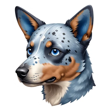 Cinematic Noble Blue Speckle Australian Cattle Dog Portrait Emoji, Poised and regal, with a robust, athletic build and a striking blue speckle Fur, piercing blue eyes, Simplified yet sharp and sophisticated features, highly detailed, glowing with a cool, dignified glow, high shine, intelligent and hardworking, stylized with an air of precision, focused and attentive, soft glowing outline, capturing the essence of a watchful and determined herder, so majestic it feels as though it could leap out of the screen with effortless authority! sticker