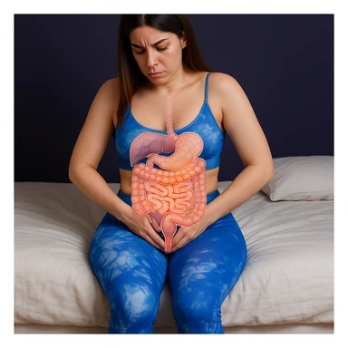 A slender woman in 4K sitting on the edge of the bed, hands pressing on the lower abdomen, with a transparent overlay anatomical illustration of the intestine and pelvic floor, highlighting problematic areas, inspired by the reference photo. sticker