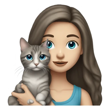 long haired brunette blue eyed girl holding a grey tabby cat sticker