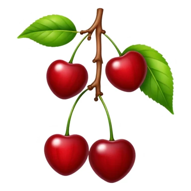 Two glossy red cherries hanging from a wooden branch with green leaves sticker