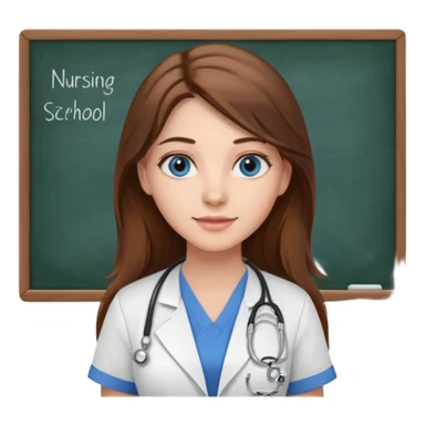university classroom that says nursing school on the blackboard with a pretty female nursing student with long brown hair, blue eyes sticker