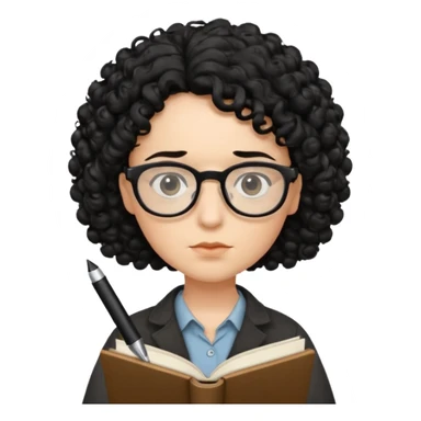 writer holding pen in hand and closed book in other hand, with black curly hair and wearing glasses sticker