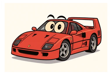 Ferrari F40, stylized cartoon, bold lines, bright red, dynamic pose, on white background sticker