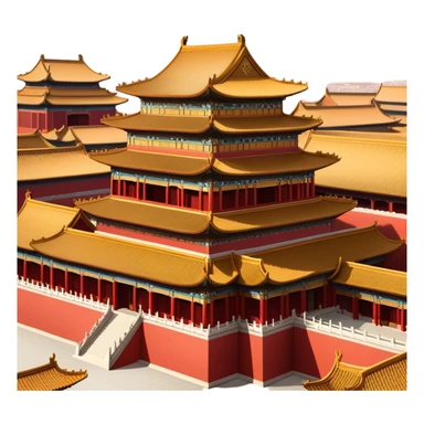 Cinematic Realistic Forbidden City Landmark Emoji, depicting grand imperial architecture with golden rooftops, vast courtyards, and intricate wooden carvings, all surrounded by towering red walls. sticker