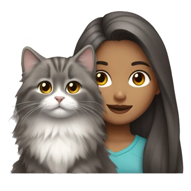 Dark brown straight hair girl with holding fluffy Siberian gray cat  sticker