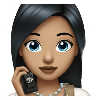  girl, straight black hair, blue eyes, a Chanel handbag in her hand sticker