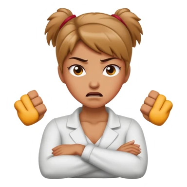 Woman crossed arms while holding neck with a angry face sticker