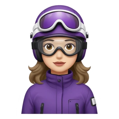 Sitting on snowmobile goggles and helmet not covering my face brown eyes long wavy hair white skin dark purple change snowmobile color to dark purple and white not yellow Snowmobile helmet and goggles, not on my face pants black no glasses on my face sticker
