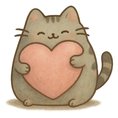 Pusheen hugging a big heart, pastel colors, adorable, ghibli style sticker