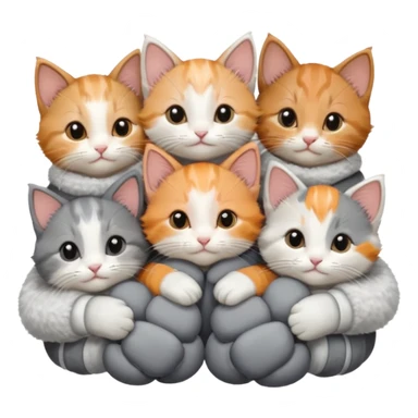 6 tiny kittens cuddling together all various different natural colours including solid grey with white mittens, grey and white, ginger and white, calico, and brown and white sticker