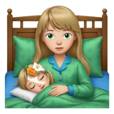 Woman with long dark blond hair and bang, blue eyes sleepy in bed  with green pyjama sticker
