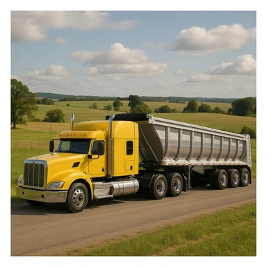 realistic yellow sleeper semi truck with a large end dump trailer in a country landscape sticker