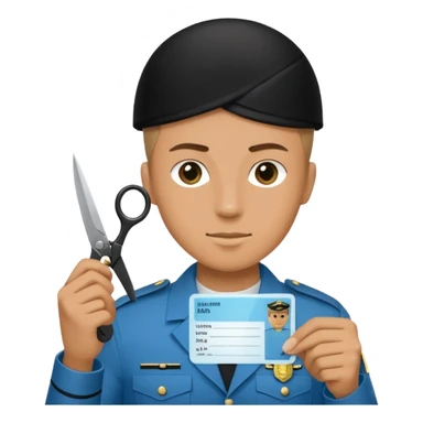 Floating black Scissors cutting in half a light blue idf soldier ID card with golden chip in 2 parts .hyper realistic sticker