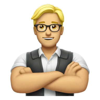 man crossing his arms in front of him in the 'prohibited' gesture. the man has blonde (yellow) hair, and he is wearing reading glasses. sticker