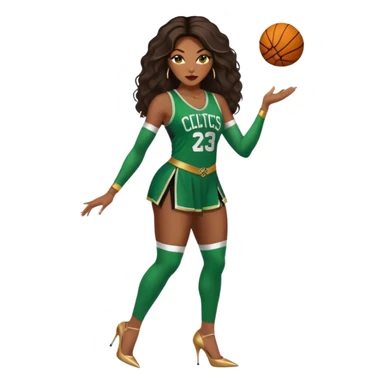 A 48-year-old black woman with brown eyes, long dark brown balayage hair dressed in sexy 
celtics jersey costume outfit and stilettos  sticker