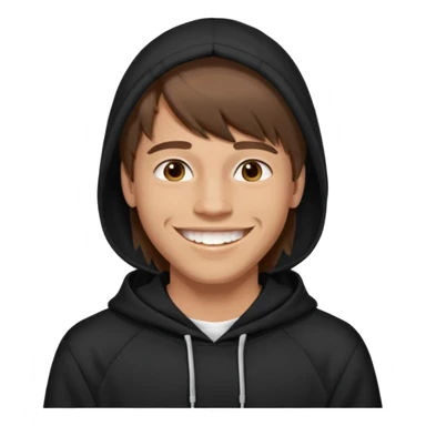 20 yr old man, brown hair, straight, big smile, white teeth, tanned skin, bangs, black hooded sweatshirt, long hair in back sticker