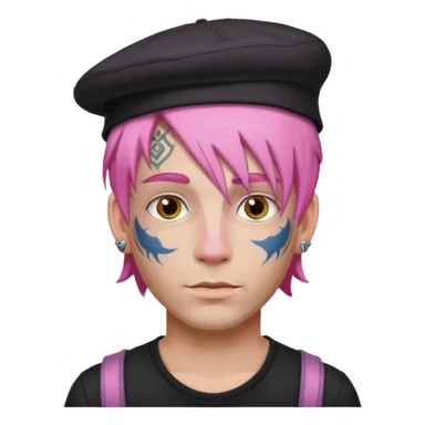 pink haired man and face tattoos and hat sticker