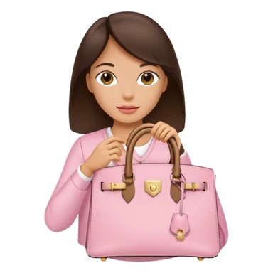 A brunette tan women holding a baby pink Birkin bag with gold hardware sticker