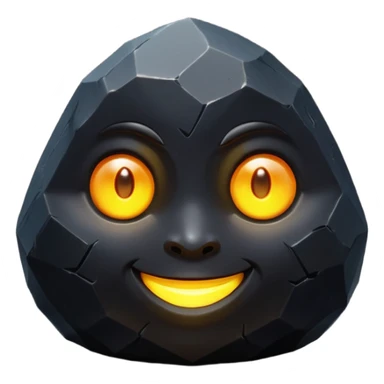 Single black obsidian rock character, thick and heavy with sharp facets and subtle reflections, carved cute face with glowing round eyes and a small smile, 3D render, high detail, soft backlighting, isolated on a plain dark background. sticker