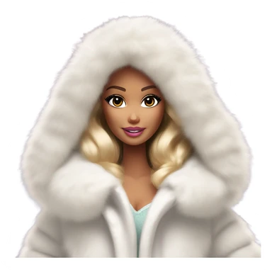 Barbie in an extremely big fluffy oversized white fur coat with hood on. The fur is real and it’s very obvious big and fluffy like in Pinterest  sticker