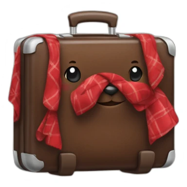 Chocolate colored doodle with wavy hair wearing a red and black flannel handkerchief with a carryon suitcase sticker