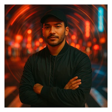 Create a nighttime cinematic photo of a Southeast Asian man in his early 30s with sawo matang skin, standing in a crosswalk with neon city lights and spiral motion blur. The man has a relaxed but solid posture, black cap, bomber jacket, confident expression, soft light on face, warm tones, fashion editorial look. Use the reference image for facial features. sticker