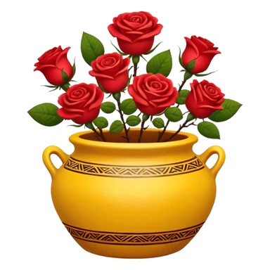 Yellow ceramic pot with red roses; the pot is decorated in an ethnic style. sticker