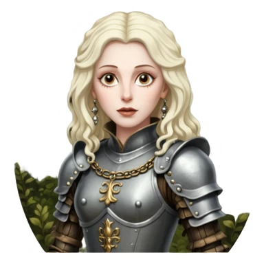 realistic cinematic actress Cher in baroque styling with dirty armor in a forest sticker
