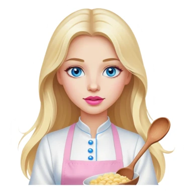 Cinematic realistic beautiful blonde with long hair, blue eyes and pink lips in a white dress cooks sticker