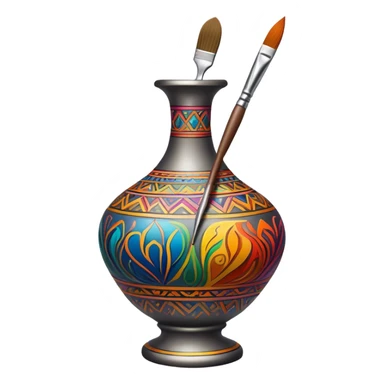 Metal painting icon, fine paintbrush painting a detailed metal statuette or vase with bright, vivid colors, visible strokes and intricate patterns, no finished artwork, just the painting process, minimalistic style, clean lines, transparent background. sticker