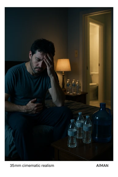 A cinematic scene of a man in his 30s sitting on the edge of his bed at night, clearly tired and frustrated. On his nightstand are several empty water bottles and a large reusable water jug, suggesting excessive hydration. A dim lamp casts soft shadows in the room, and the door to the bathroom is open with light spilling out — symbolizing repeated nightly visits. The man holds his head in one hand, while the other rests on his abdomen, eyes heavy with fatigue. The atmosphere is quiet and introspective. Cool color grading with deep blues and pale yellows enhances the nighttime mood. Style: 35mm cinematic realism, with attention to emotional detail and ambient lighting sticker