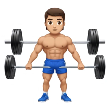 brunette buff man with blue shorts barbell-shrugs sticker