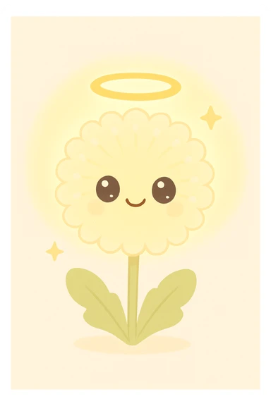 a dandelion with a halo and a golden glow sticker