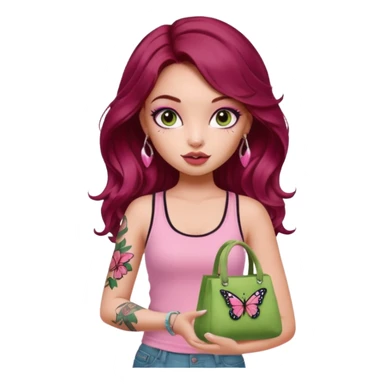 a pretty fair bratz girl with wavy dark red hair, wearing a pink tank top , carrying a matcha and a pink bag. eyeliner on. butterfly tattoo on arm sticker