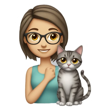 girl brown hair glasses with grey tabby cat sticker
