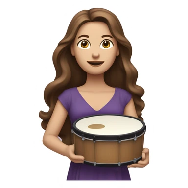 White woman standing with long flowing purple dress and long wavy brown hair holding a small handheld frame drum and a drum stick sticker
