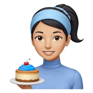  tan skin woman with long face, and short black hair slicked back ponytail with forehead showing, wearing a periwinkle colored headband and wearing pale blue turtleneck shirt, eating tiramisu smiling with hair pulled back sticker