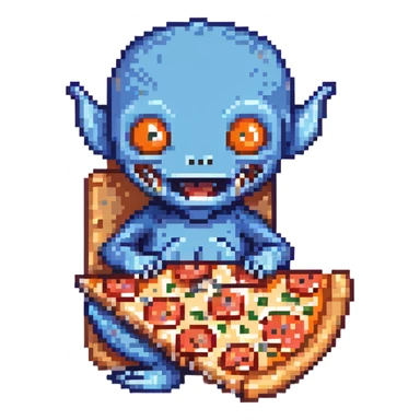 A cute blue alien happily munching on a slice of pizza sticker