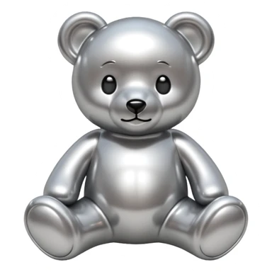 A cute teddy bear emoji made of liquid silver chrome, smooth rounded body, glossy metallic surface, soft reflections, friendly proportions, iOS emoji style, centered, clean white background sticker