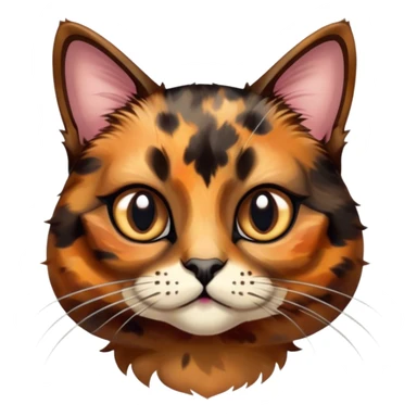 Cinematic Cute Tortoiseshell Cat Portrait Emoji, Head cocked sweetly with bright, curious eyes and a cuddly, mottled fur of rich browns and blacks, simplified yet charmingly adorable, highly detailed, glowing with a warm, gentle radiance, high shine, playful and endearing, styled with a dash of whimsical feline magic, soft glowing outline, capturing the essence of a cute tortoiseshell cat that seems ready to pounce with affectionate mischief! sticker