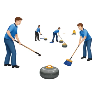 An icon showing a curling match on an indoor ice stadium, with a polished curling stone gliding toward the target and players sweeping. Spectators watch from stands, and flags hang above the rink. Transparent background highlights strategy and focus in the sport of curling. sticker