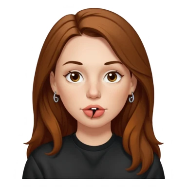 A 38 year old white woman with long brunette hair parted in the middle. She has her nose pierced. Her nose is medium sized. She has brown eyes. She has freckles and is wearing a black sweatshirt and is making a kissing mouth. sticker